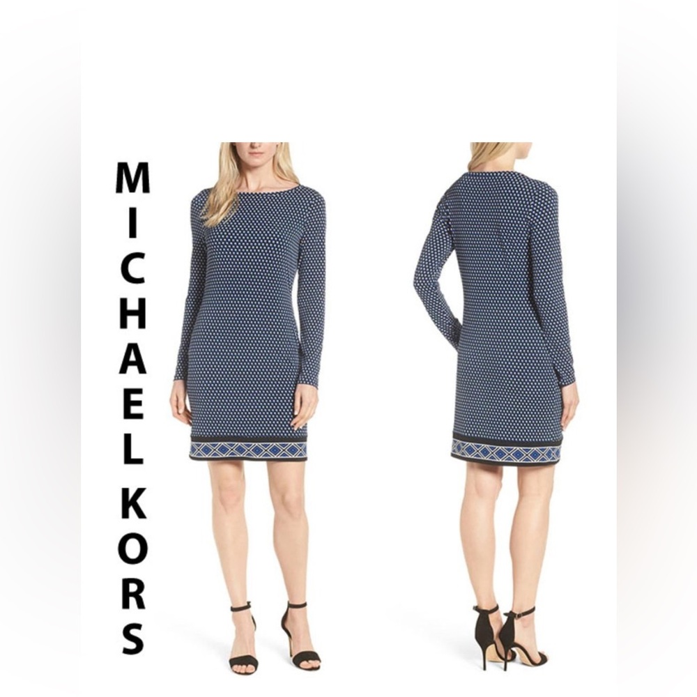 Michael Kors Alston Boatneck Contrast Border Print Dress Size M